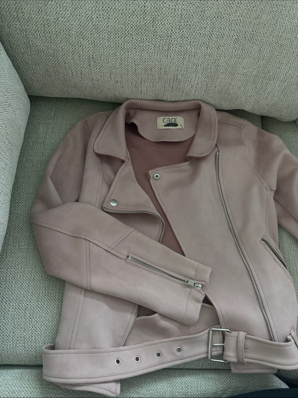 Dusty Rose Suede Moto Jacket with Belted Waist